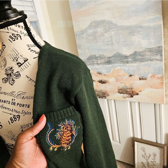 VTG Herman Geist Owl Patch Detail Wool Blend Preppy Cardigan. - Picture 2 of 15